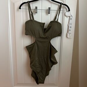 Aerie Shine Pique V Wire Cut Out One Piece Swimsuit